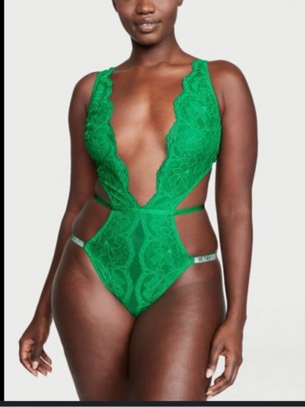 VS Green Lace Plunge Bodysuit Top